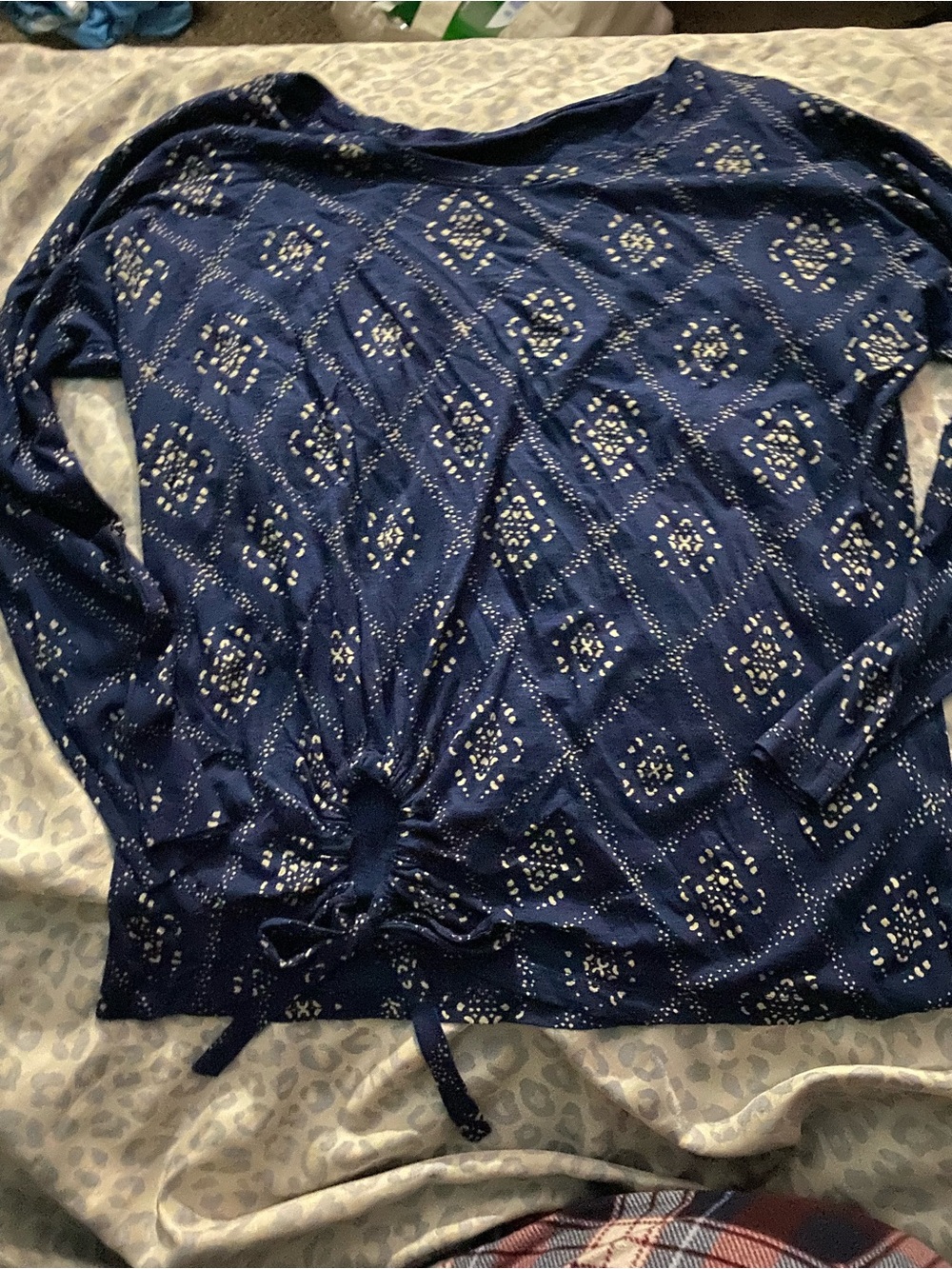 Navy Blue Long-Sleeve Printed Drawstring Waist Top